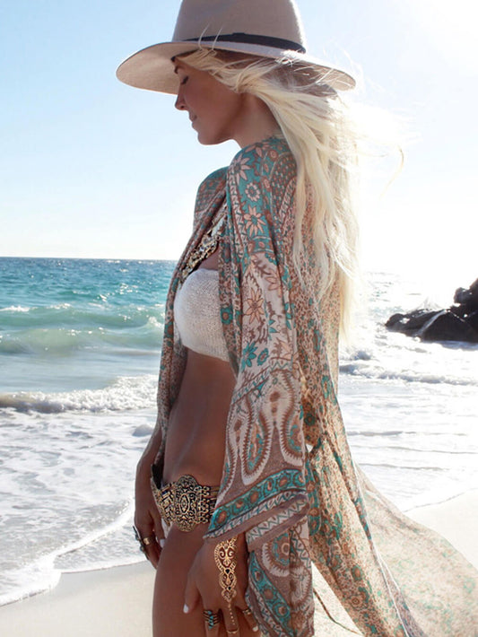 Boho Floral  Pattern Open Front Chiffon  Maxi Cover Up