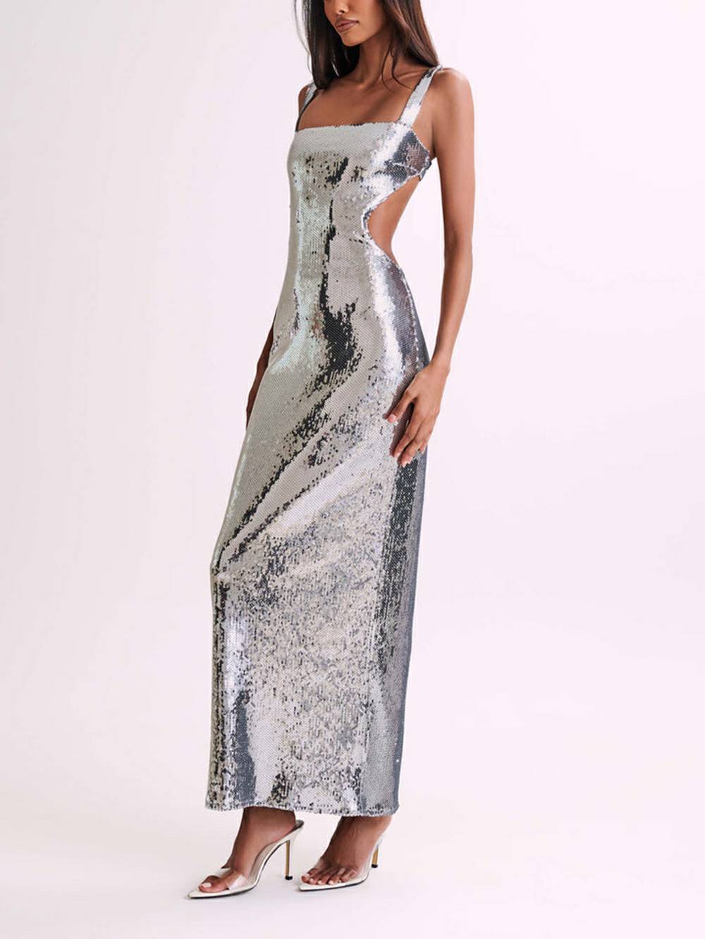 Sequin Cut Out Maxi Dress - Silver