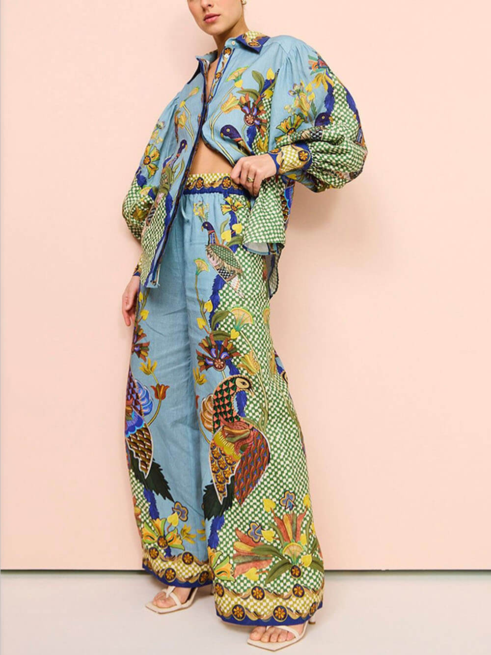 Unique Printed Puff Sleeve Holiday Casual Lanyard Suit