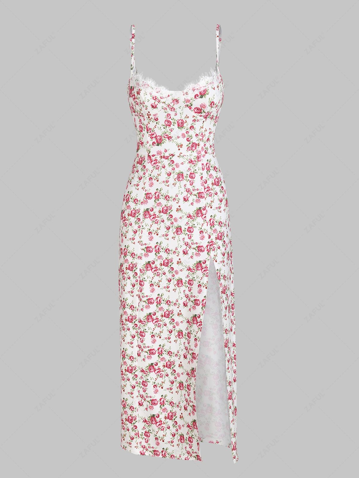 Thigh High Slit Floral Lace Trim Bustier Cami Midi Dress
