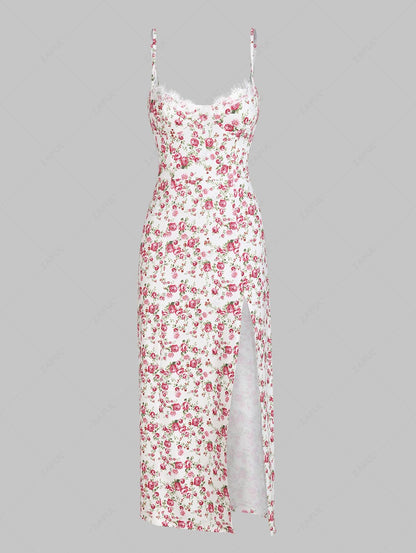 Thigh High Slit Floral Lace Trim Bustier Cami Midi Dress