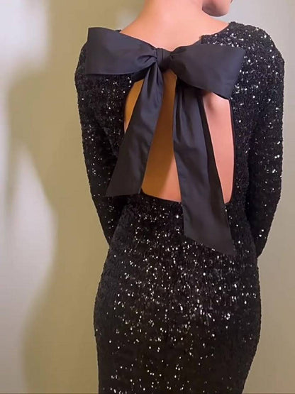 Sequin Backless Bow Maxi Dress