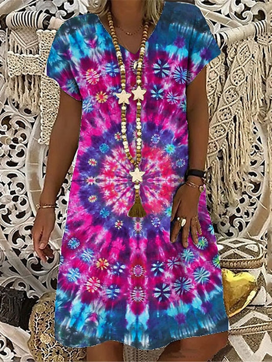 Women's Shift Dress Midi Dress Fuchsia Short Sleeve Tie Dye Print Summer Spring V Neck Casual 2023 S M L XL XXL 3XL