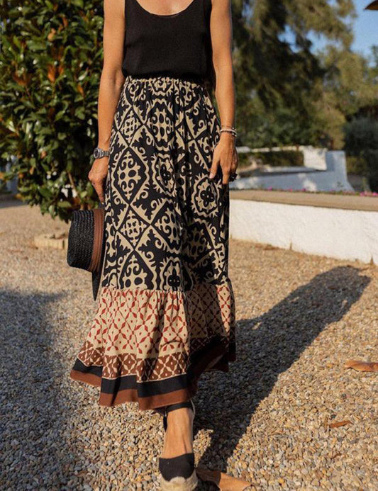 Baroque Tribal Print Boho Maxi Skirt In Black