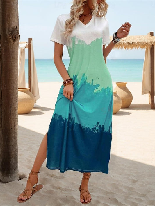 Women's Maxi Dress Casual Gradient Ombre Color Block Tie Dye Split Thigh V Neck Long Dress Stylish Boho Vacation Short Sleeve Summer