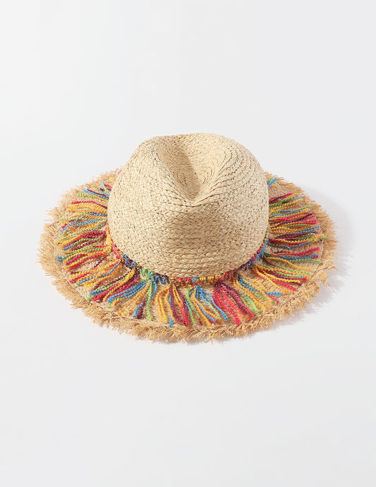 Chapeau de paille à pompon en corde de coton coloré