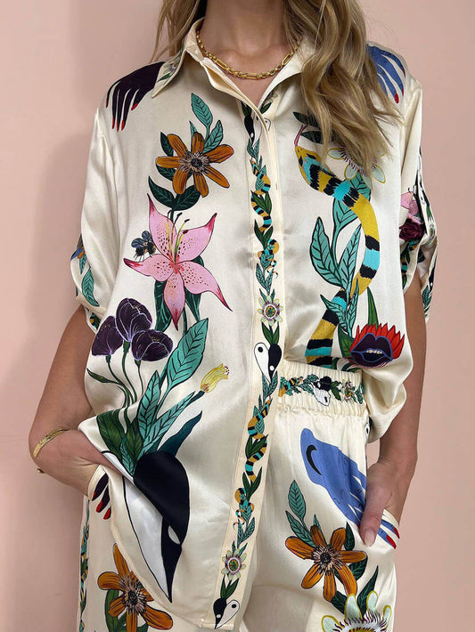 Modern Sophisticated Feel Satin Unique Print Button Down Oversized Blouse