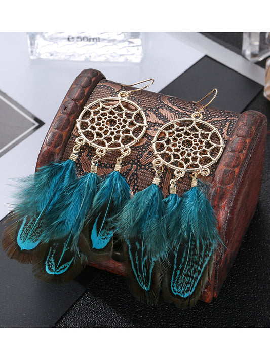 Boho Earrings - Dream Catcher Tribal Feather