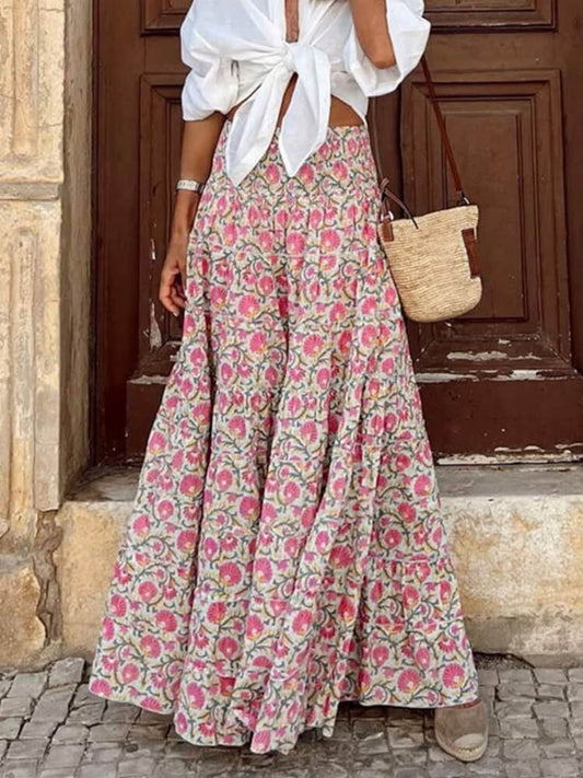 Rose Floral Print Boho Maxi Skirt