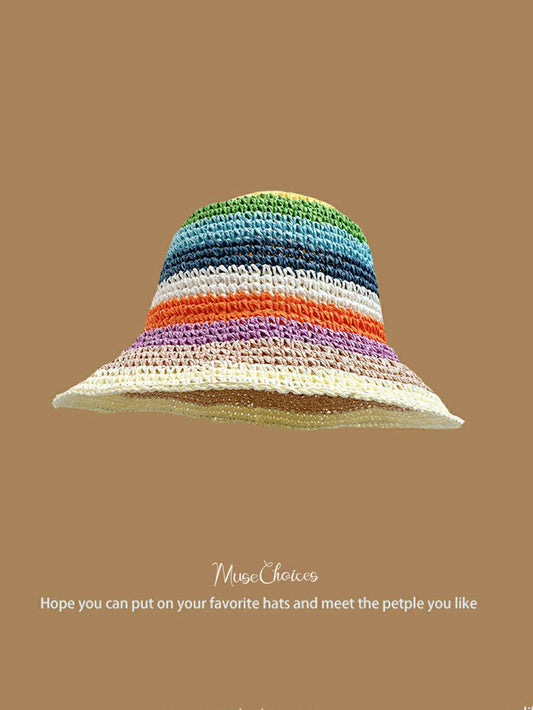 Handwoven Rainbow Fisherman Hat with Beige Trim