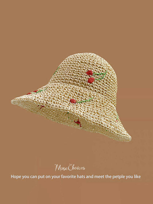 Handwoven Beige Cherry Casual Sun Hat