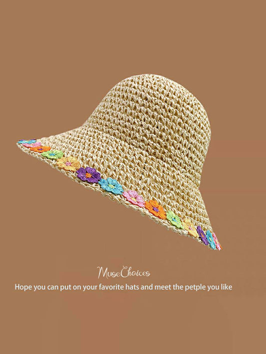 Handwoven Beige Rainbow Floral Sun Hat