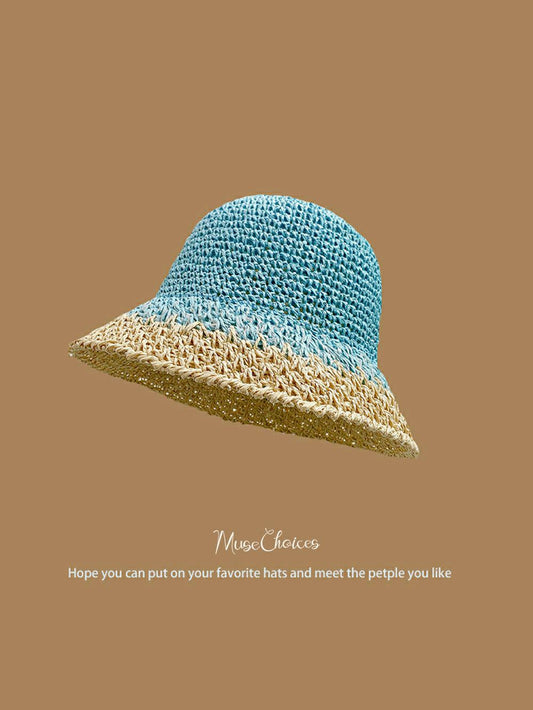 Handwoven Blue Straw Sun Hat with Beige Trim