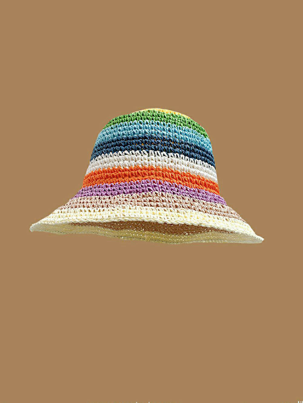 Handgewebter Regenbogen-Fischerhut mit beigem Besatz