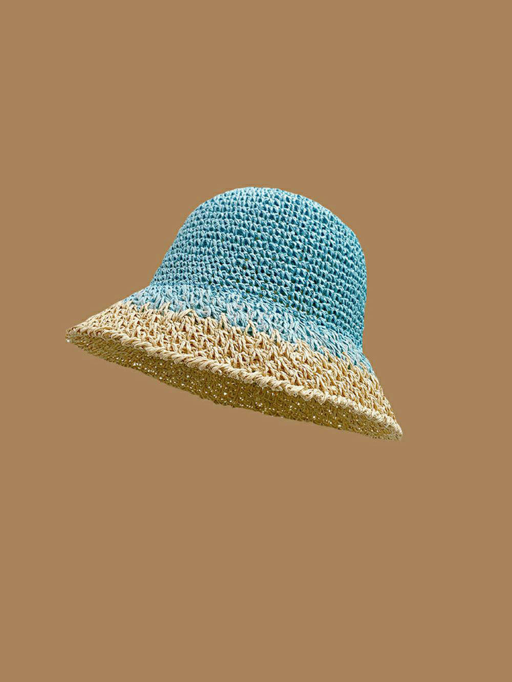 Handwoven Blue Straw Sun Hat with Beige Trim