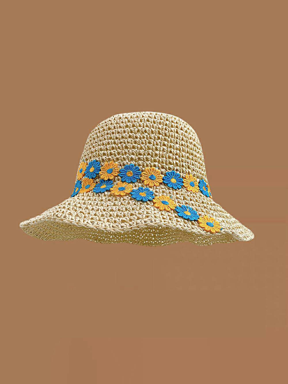 Chapeau de soleil décontracté à fleur de paon beige tissé à la main