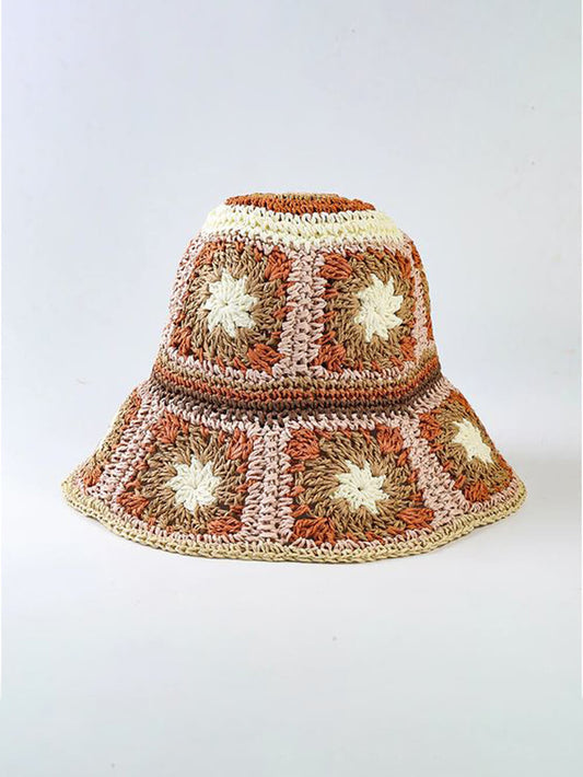 Crochet Hat Flower Brown Pink