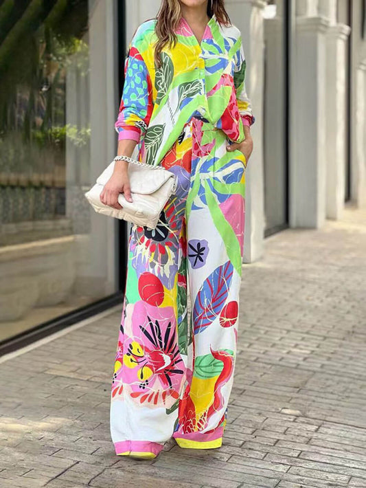 Ethnic Style Printed Loose Shirt High Waist Wide Leg Pants Suit