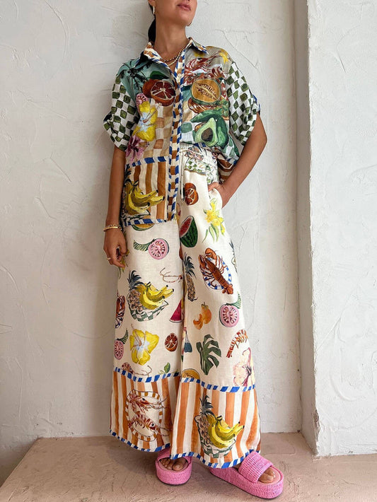 Costume chemise imprimé fruits tropicaux, taille élastique, poche, jambes larges