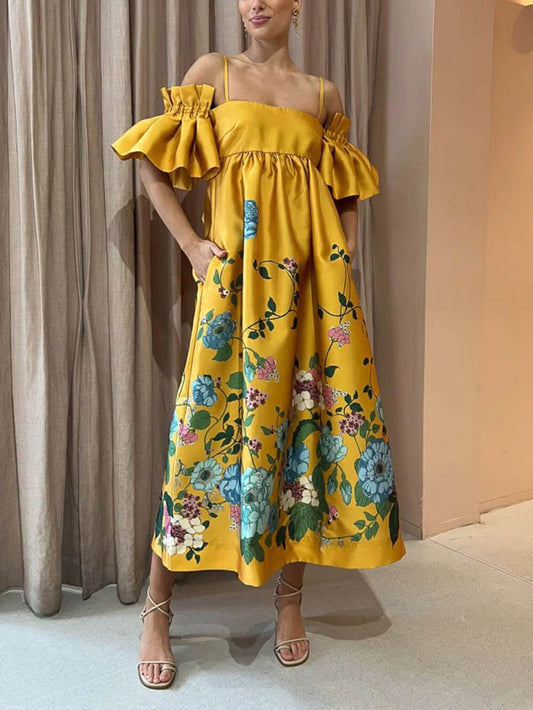 Marigold Printed Gathered Sleeve Pocketed A-Line Midi Dress