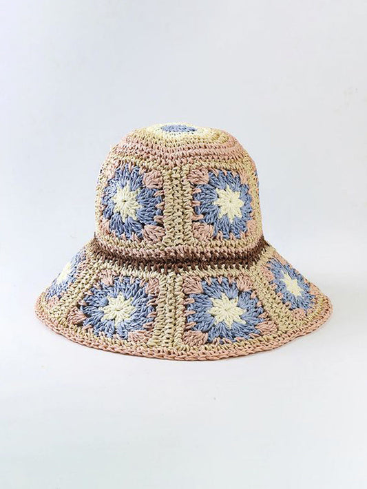 Chapeau Au Crochet Fleur Beige Bleu