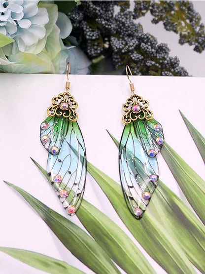 Boucles d'oreilles en cristal d'aile de papillon avec strass vert, aile de cigale