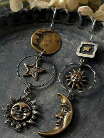 Boucles d'Oreilles Boho - Pompon Bronze Soleil Lune Asymétrique