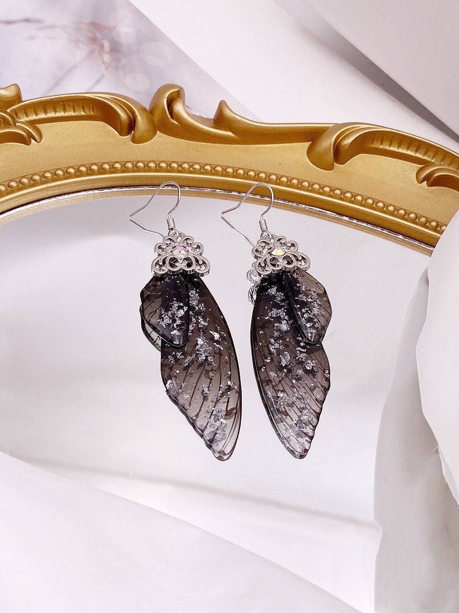 Boucles d'oreilles en cristal d'aile de cigale en strass noir, aile de papillon