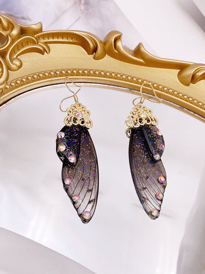 Boucles d'oreilles en cristal d'aile de cigale en strass noir, aile de papillon