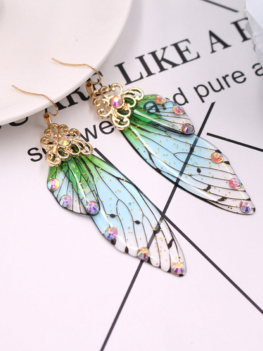 Boucles d'oreilles en cristal d'aile de papillon avec strass vert, aile de cigale