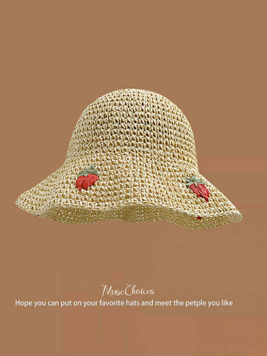 Chapeau de soleil de plage en raphia tissé Big Strawberry