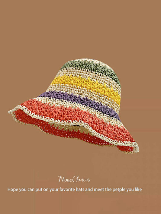 Handwoven Beige Rainbow Striped Casual Sun Hat