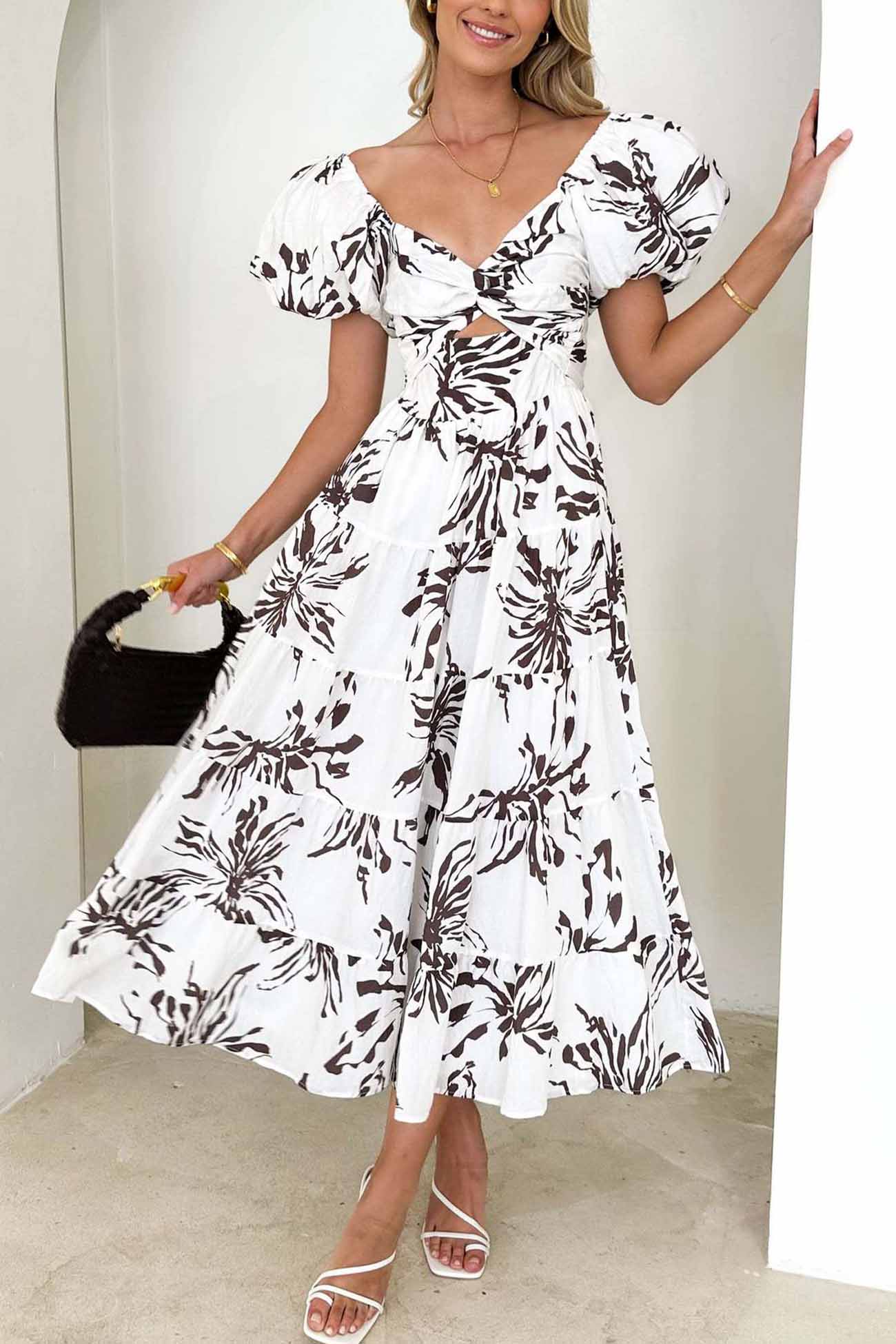 Puff Sleeve Twisted Tiered Dress
