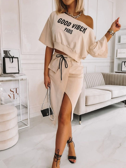 Champagne Wrap Letter Oblique Collar Skirt Set