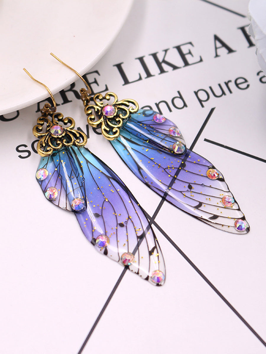 Schmetterlingsflügel Blaue Strass Zikade Flügel Kristall Ohrringe