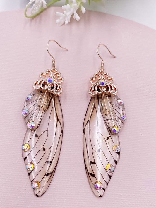 Boucles d'oreilles en cristal d'aile de papillon en strass gris, aile de cigale